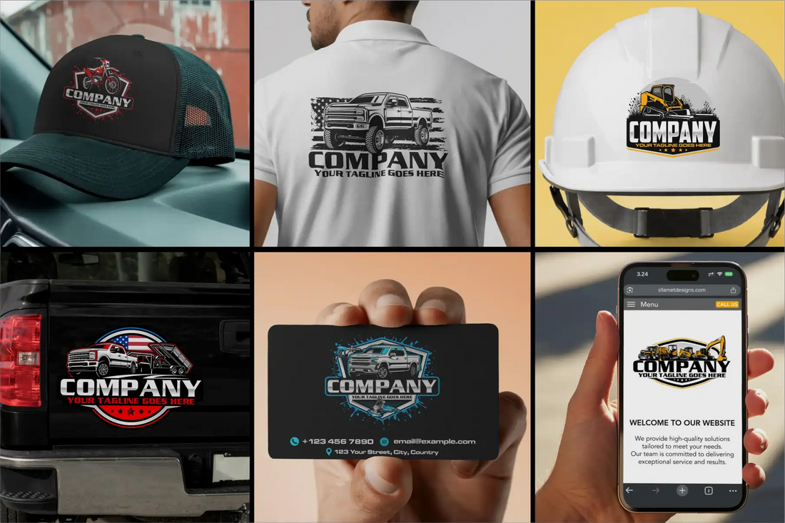 Professional logo mockup for small service business branding on vehicle, uniform, business card, and signage