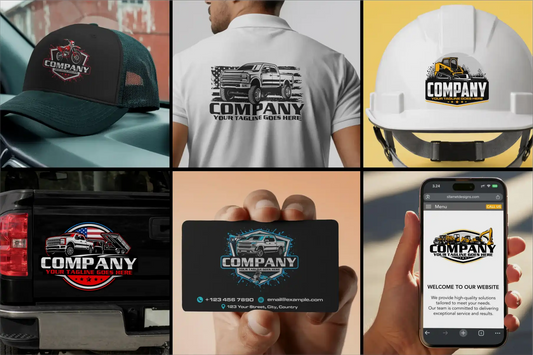 Professional logo mockup for small service business branding on vehicle, uniform, business card, and signage