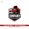 Red and black dump truck badge design for hauling and construction business branding, editable vector graphic for decals, signs, apparel, and print.