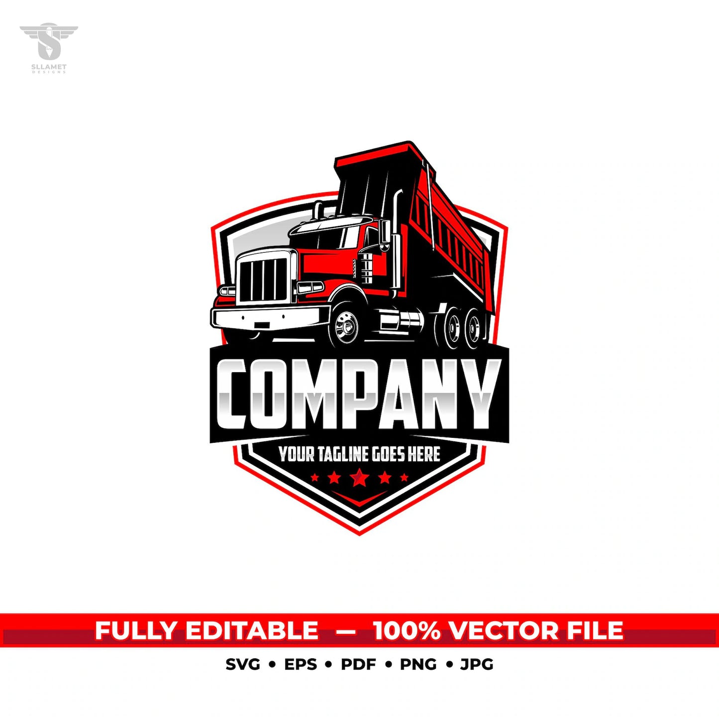Red and black dump truck badge design for hauling and construction business branding, editable vector graphic for decals, signs, apparel, and print.