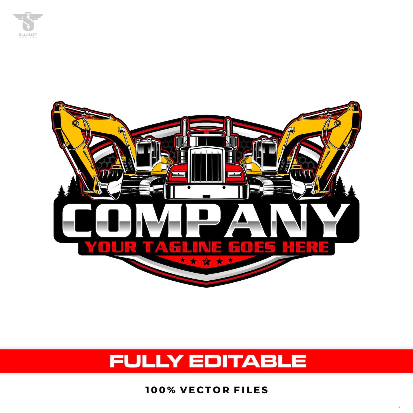Dump truck and excavator construction logo template in heavy equipment SVG AI EPS PNG editable vector format