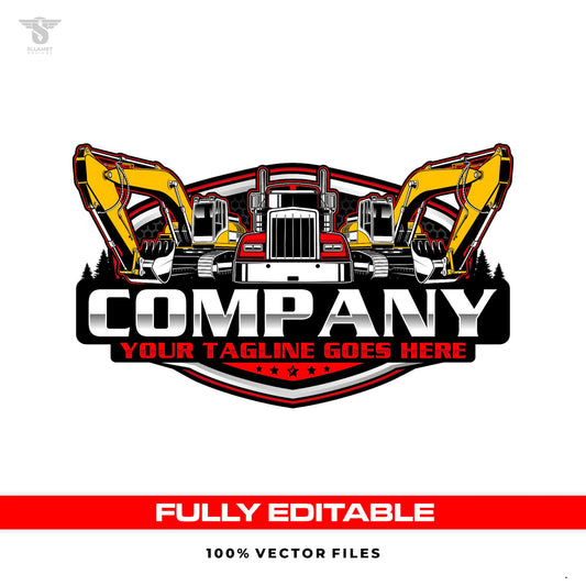 Dump truck and excavator construction logo template in heavy equipment SVG AI EPS PNG editable vector format