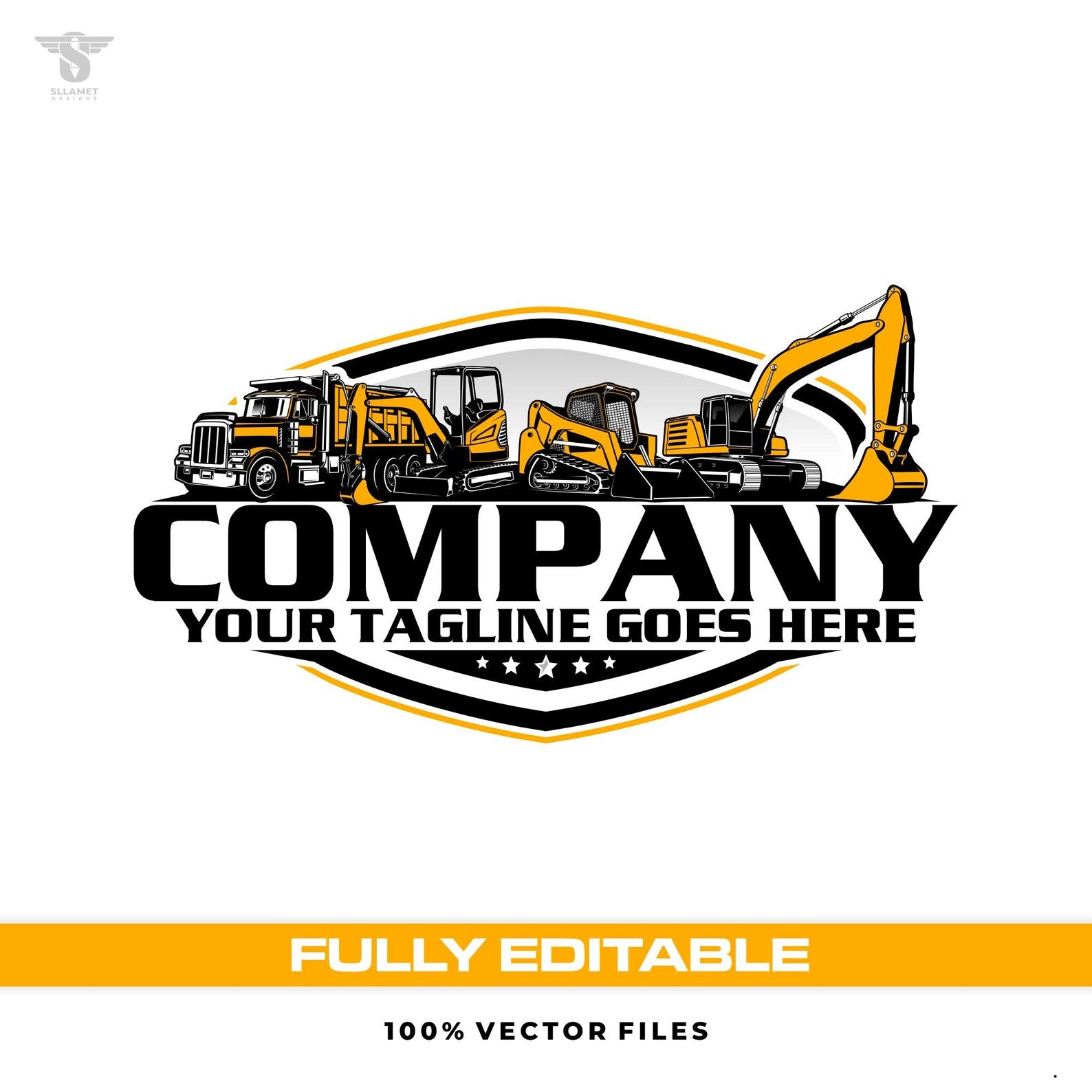 Heavy equipment logo template for dump truck, skid steer, and mini excavator services. Editable SVG AI EPS files for construction branding.