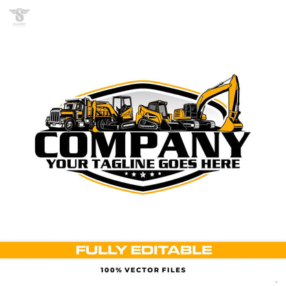 Heavy equipment logo template for dump truck, skid steer, and mini excavator services. Editable SVG AI EPS files for construction branding.