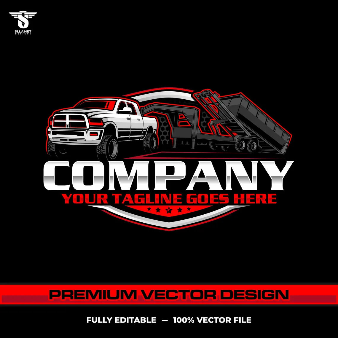 Pickup roll off logo template for dump trailer hauling service in SVG AI EPS PNG editable vector format