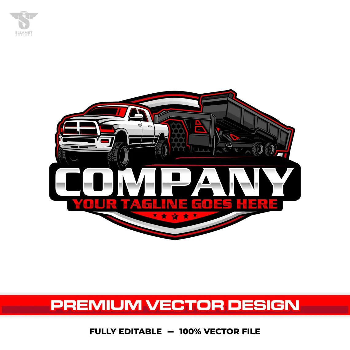 Pickup truck gooseneck dump trailer logo template for hauling removal service in SVG AI EPS PNG editable vector format