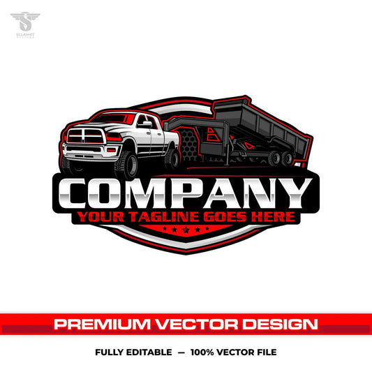 Pickup truck gooseneck dump trailer logo template for hauling removal service in SVG AI EPS PNG editable vector format