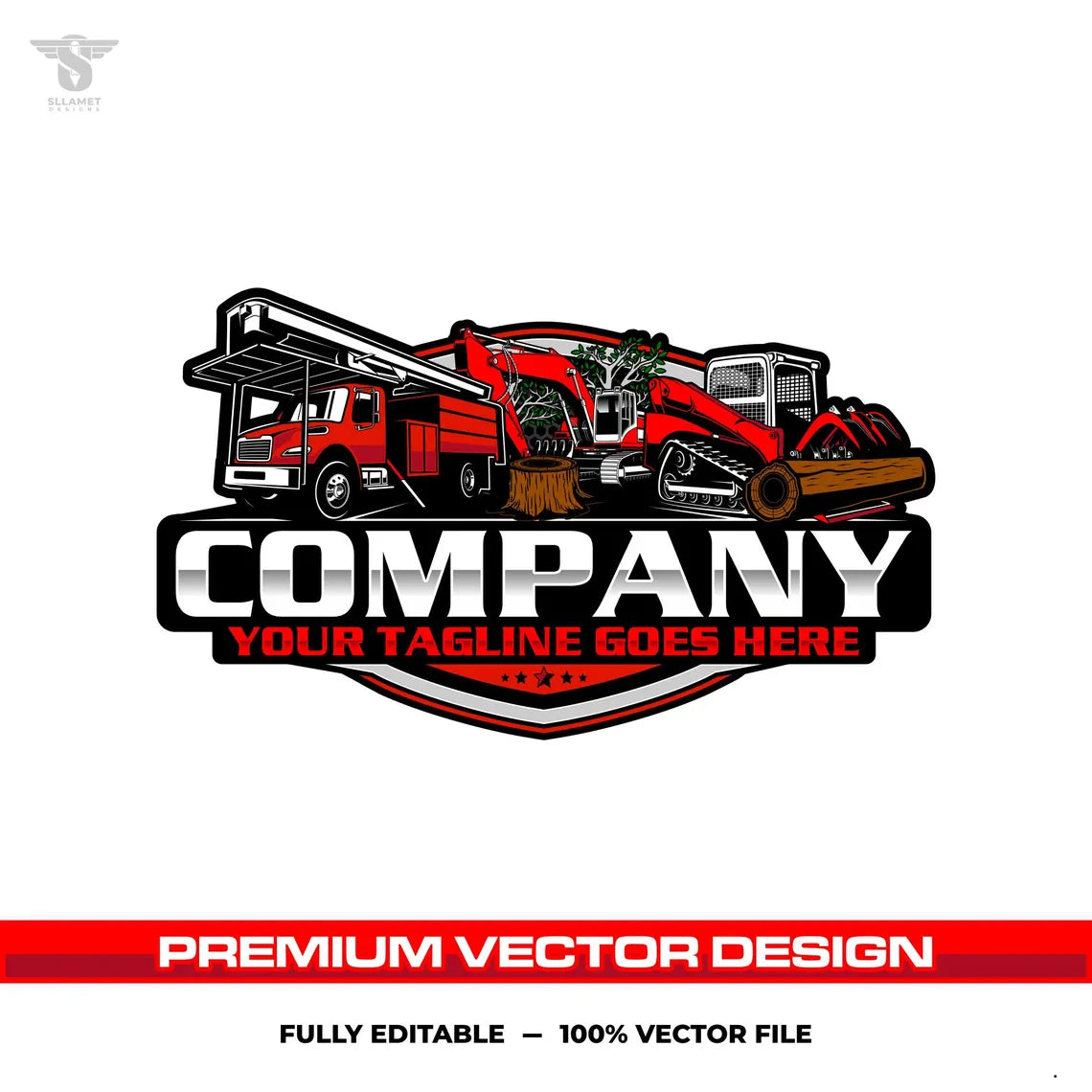 Skid steer forestry truck excavator logo template for tree service in SVG AI EPS PNG editable vector format