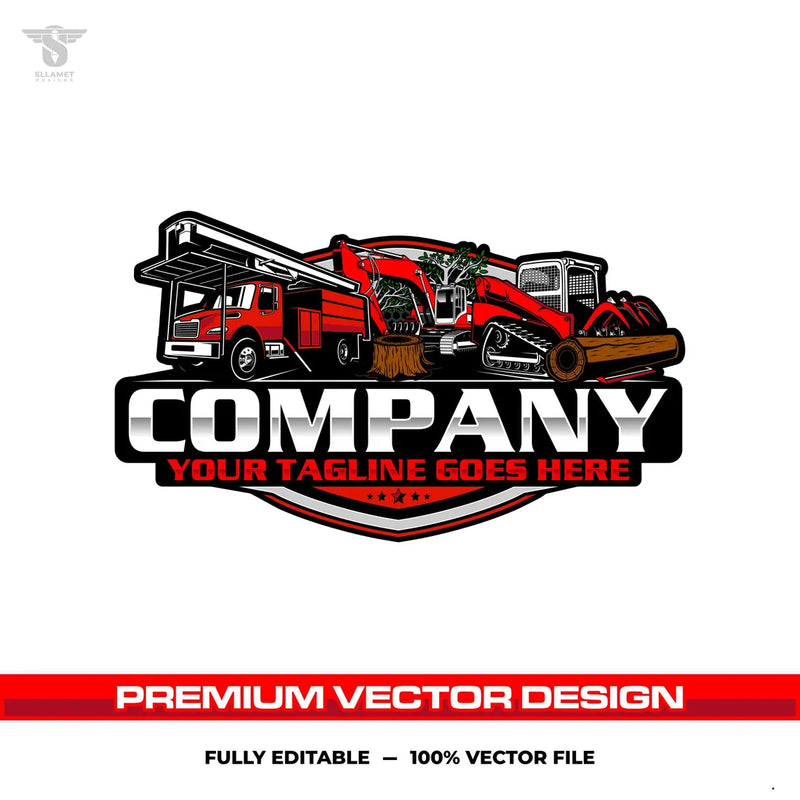 Skid steer forestry truck excavator logo template for tree service in SVG AI EPS PNG editable vector format