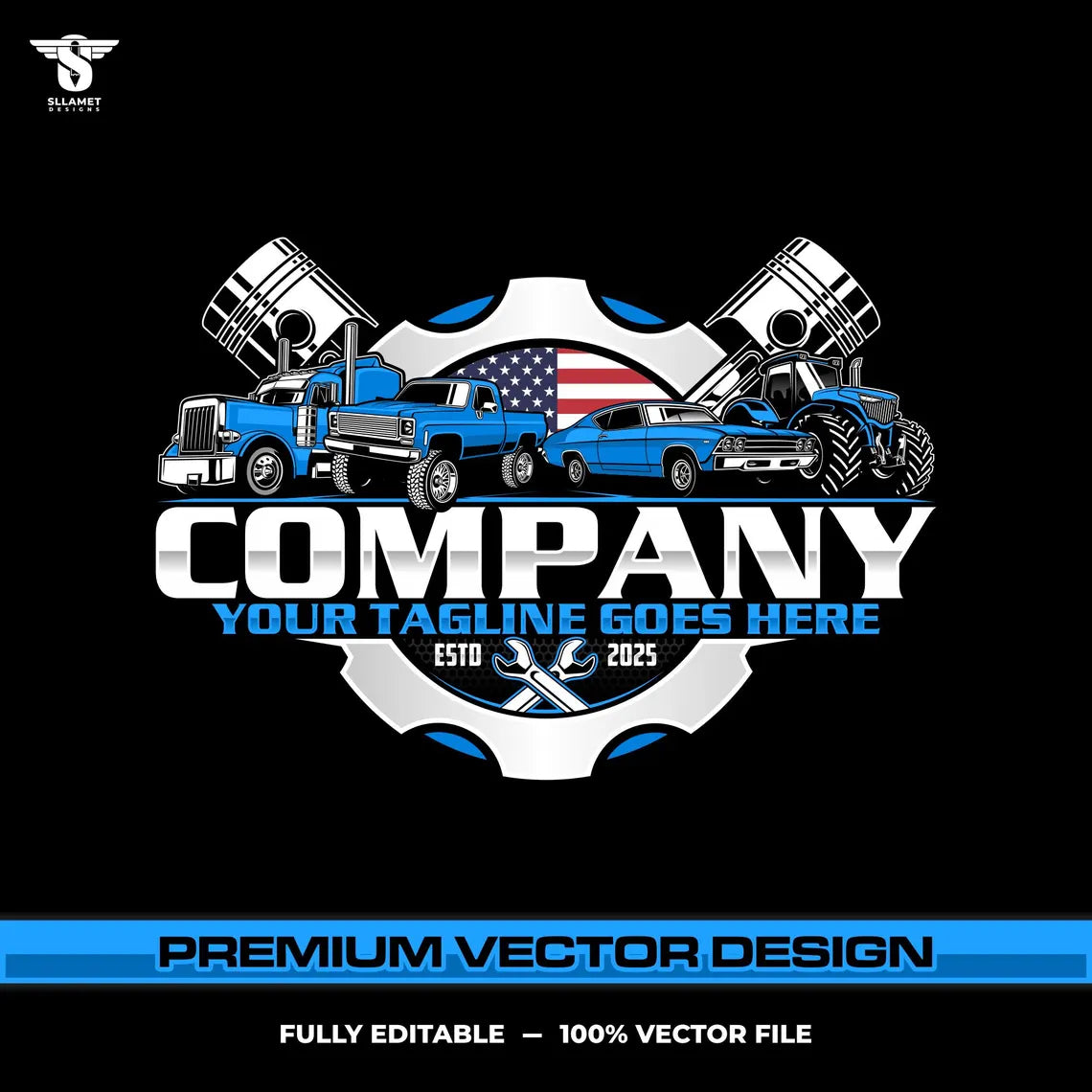 USA vehicle repair logo template for auto fix mechanic garage in SVG AI EPS PNG editable vector format