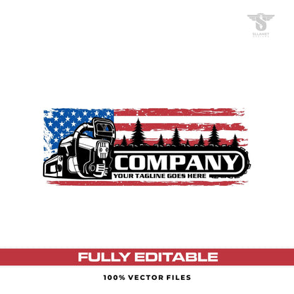 American chainsaw logo template for wood cutting tree service in SVG AI EPS PNG editable vector format