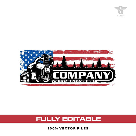 American chainsaw logo template for wood cutting tree service in SVG AI EPS PNG editable vector format