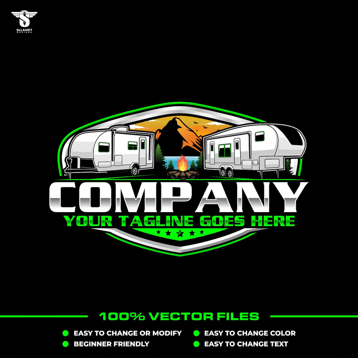 Campground logo template for travel trailer RV park branding in SVG AI EPS PNG editable vector format