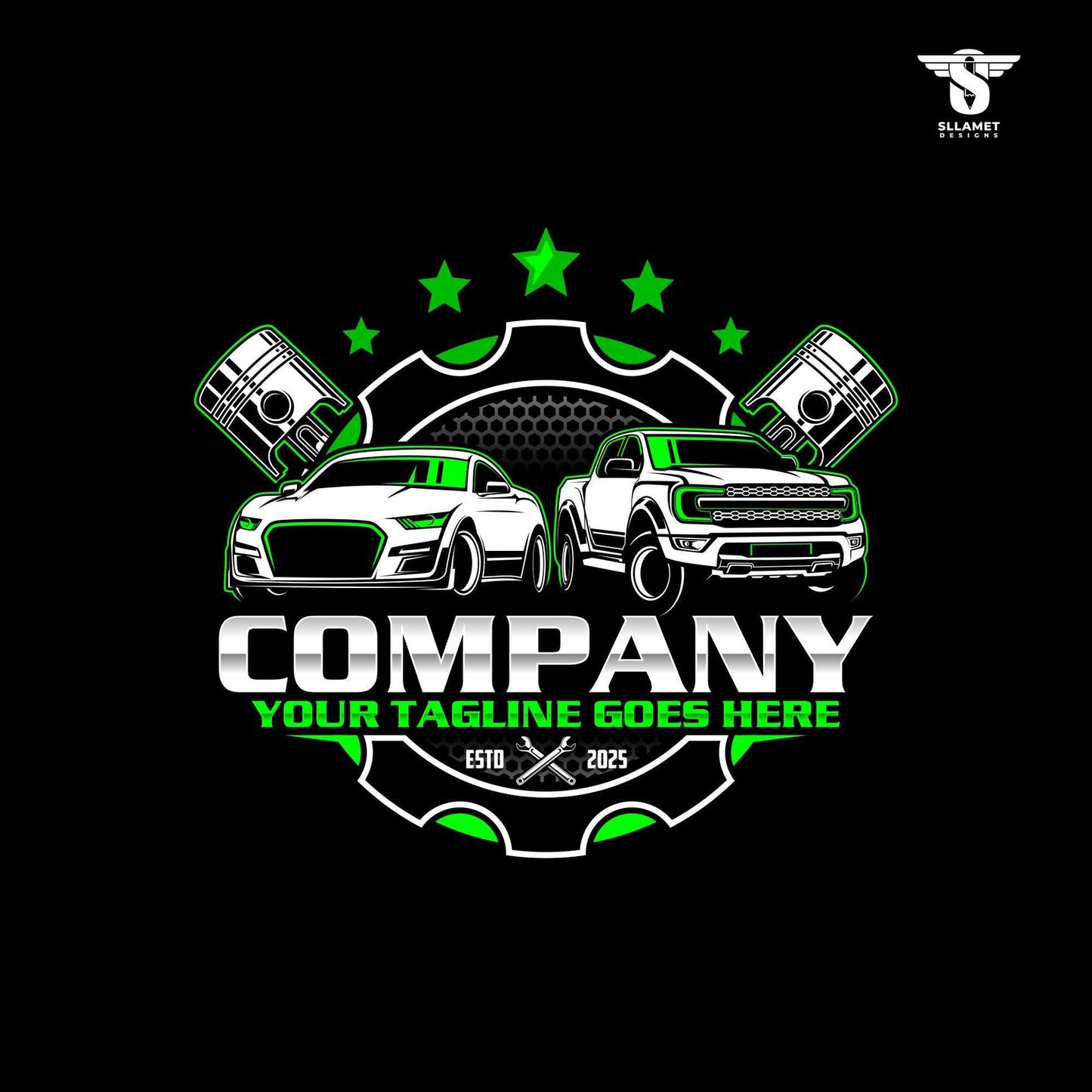 Car repair logo template with piston engine design for mechanic garage in SVG AI EPS PNG editable vector format