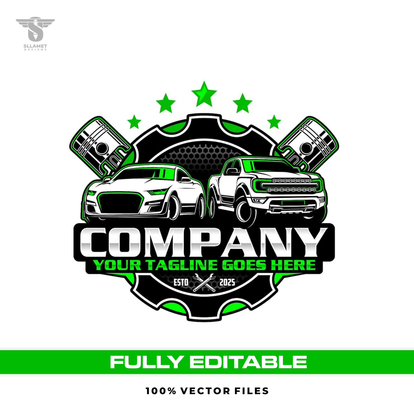 Car repair logo template with piston engine design for mechanic garage in SVG AI EPS PNG editable vector format