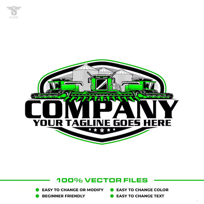 Combine harvester logo template for farm equipment and agriculture machinery in SVG AI EPS PNG editable vector format
