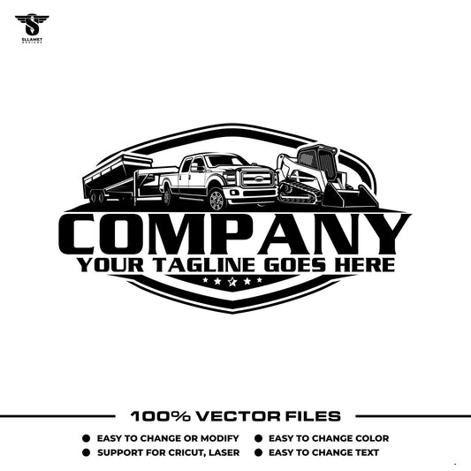 Construction logo template with pickup truck gooseneck dump trailer skid steer in SVG AI EPS PNG editable vector format