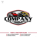 Construction logo template with pickup truck gooseneck dump trailer skid steer in SVG AI EPS PNG editable vector format