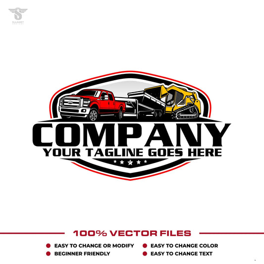 Construction logo template with pickup truck gooseneck dump trailer skid steer in SVG AI EPS PNG editable vector format