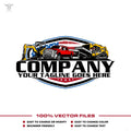 Construction logo template with pickup truck dump trailer skid steer mini excavator in SVG AI EPS PNG editable vector format