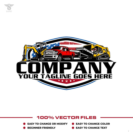 Construction logo template with pickup truck dump trailer skid steer mini excavator in SVG AI EPS PNG editable vector format