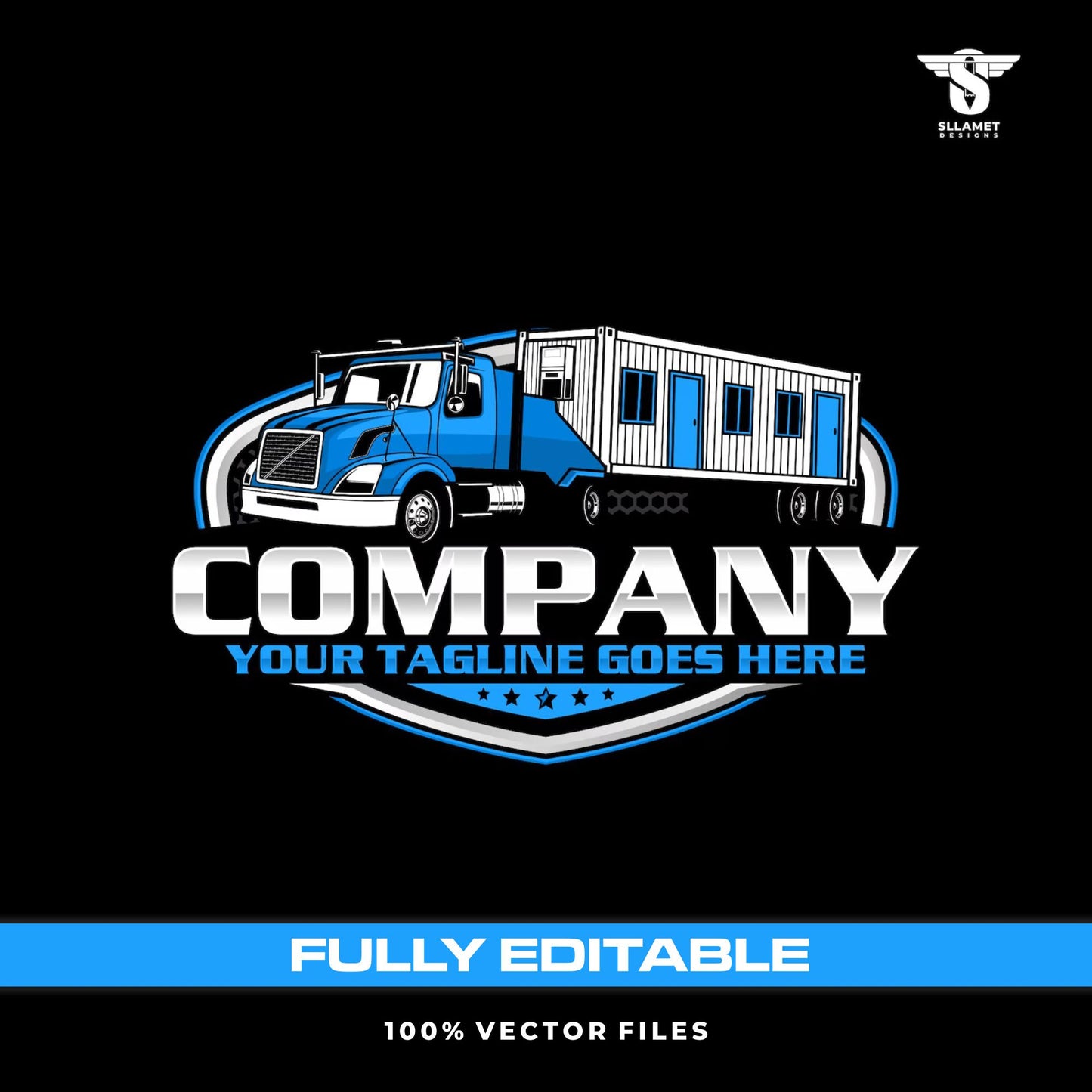 Container house transport logo template for modular home moving logistics in SVG AI EPS PNG editable vector format