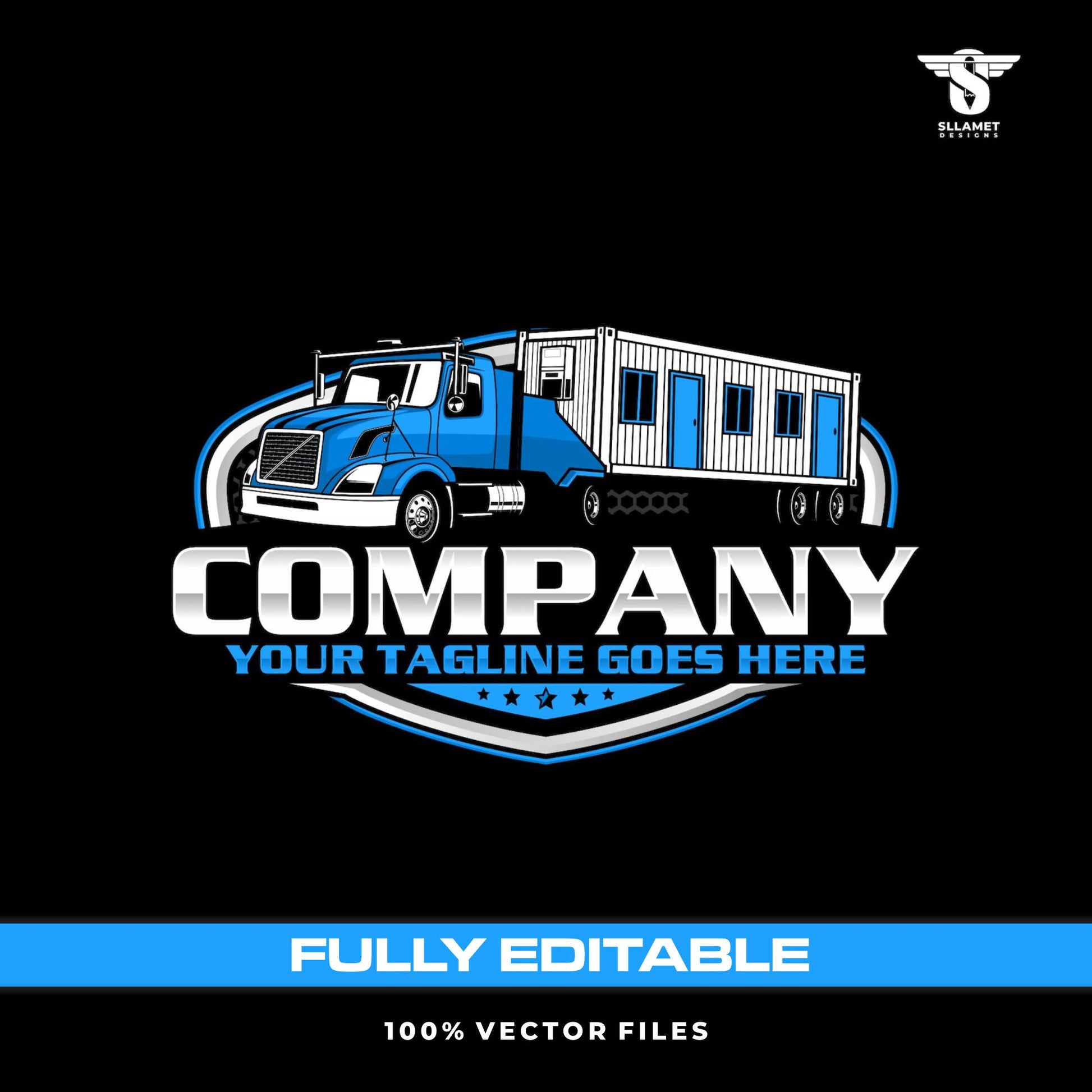 Container house transport logo template for modular home moving logistics in SVG AI EPS PNG editable vector format