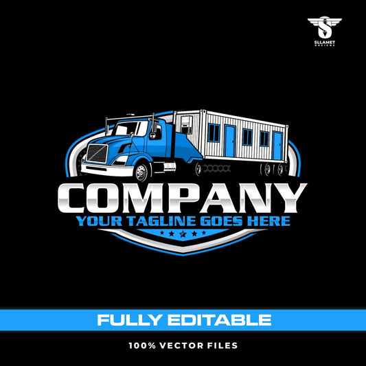 Container house transport logo template for modular home moving logistics in SVG AI EPS PNG editable vector format