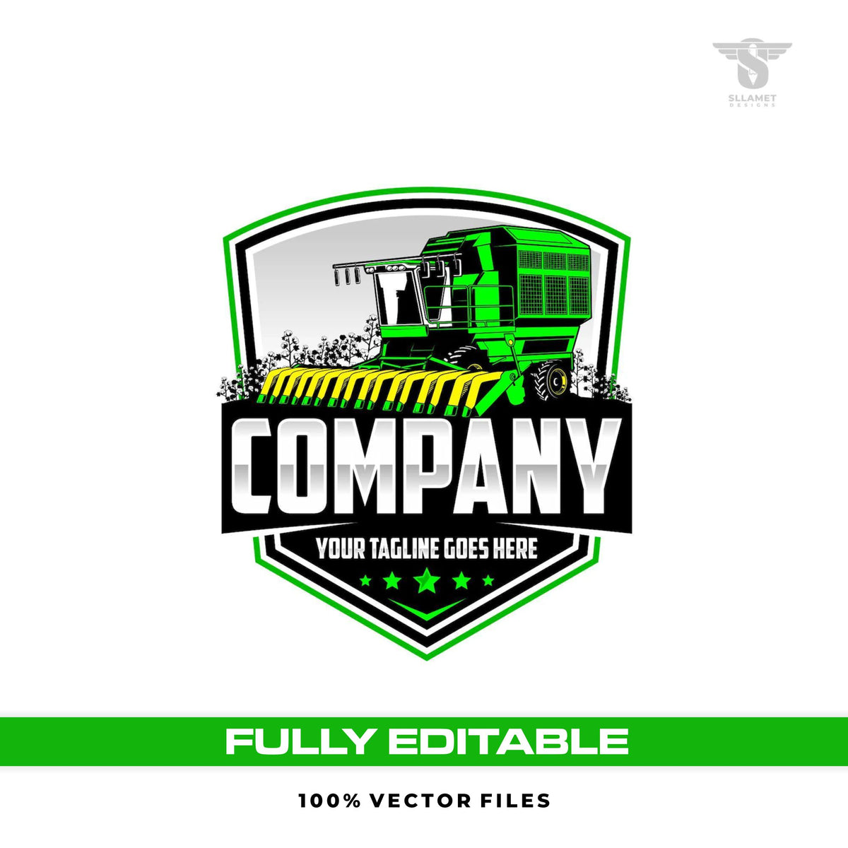 Cotton stripper logo template for farm agriculture machine branding in SVG AI EPS PNG editable vector format
