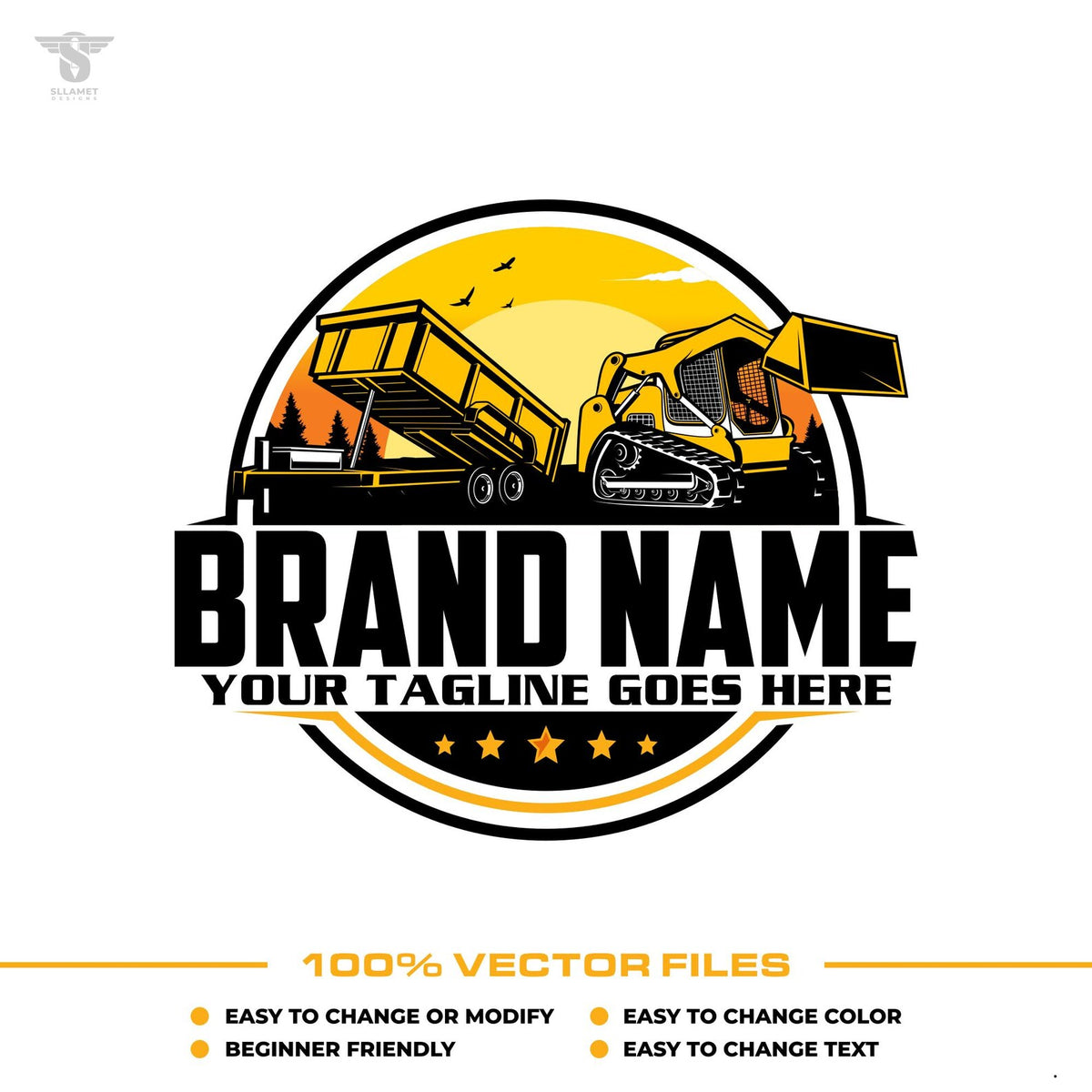 Excavation hauling logo template with skid steer loader dump trailer in SVG AI EPS PNG editable vector format