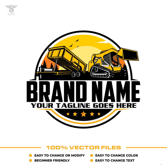 Excavation hauling logo template with skid steer loader dump trailer in SVG AI EPS PNG editable vector format