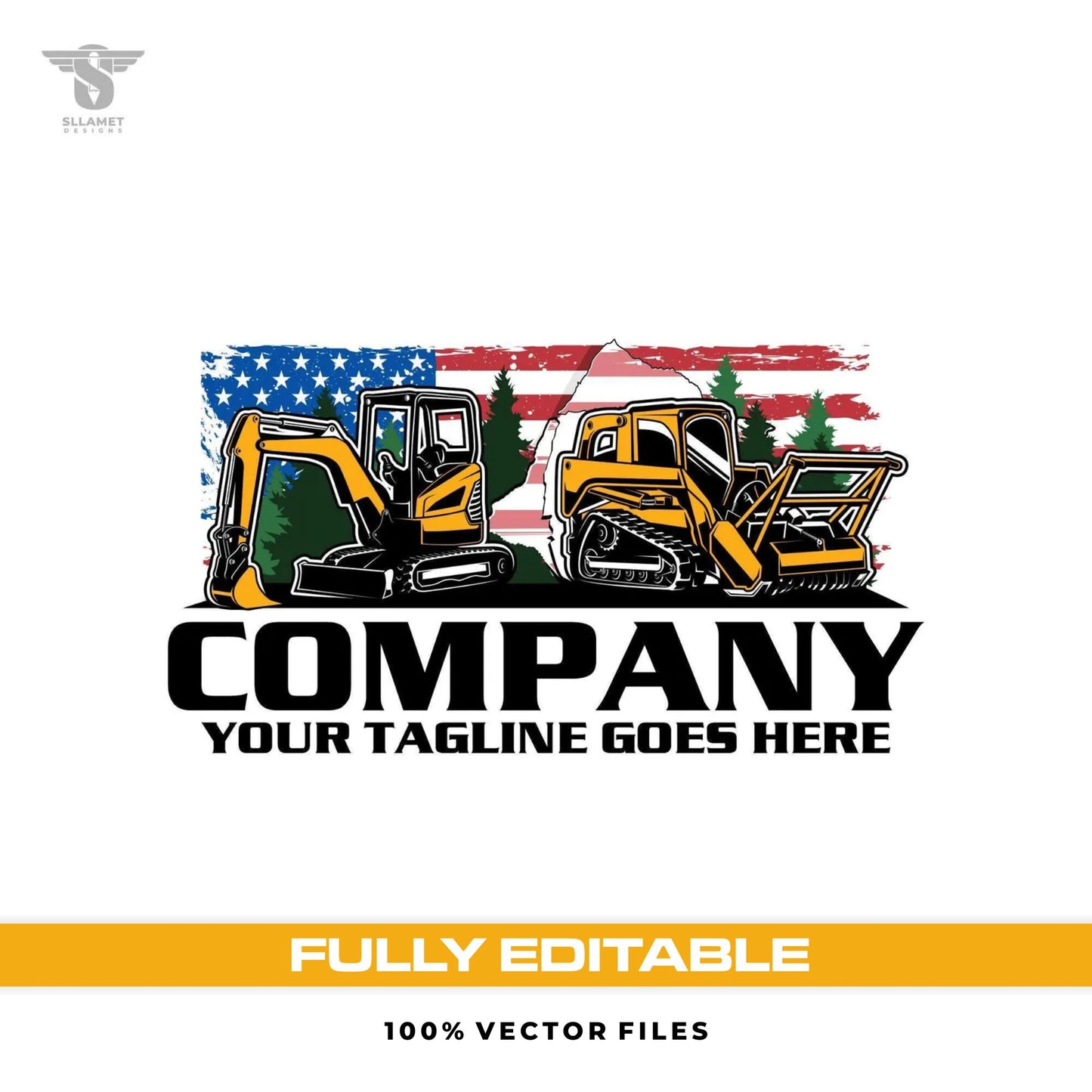 Forestry equipment logo template with skid steer and excavator in SVG AI EPS PNG PDF JPG editable vector format
