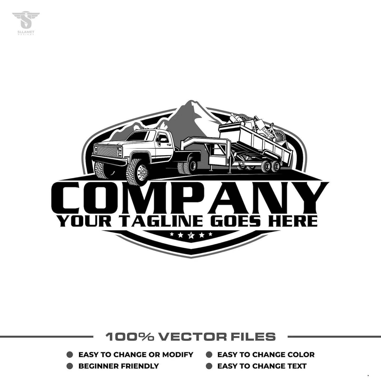 Hauling junk removal logo template with pickup truck dump trailer in SVG AI EPS PNG editable vector format