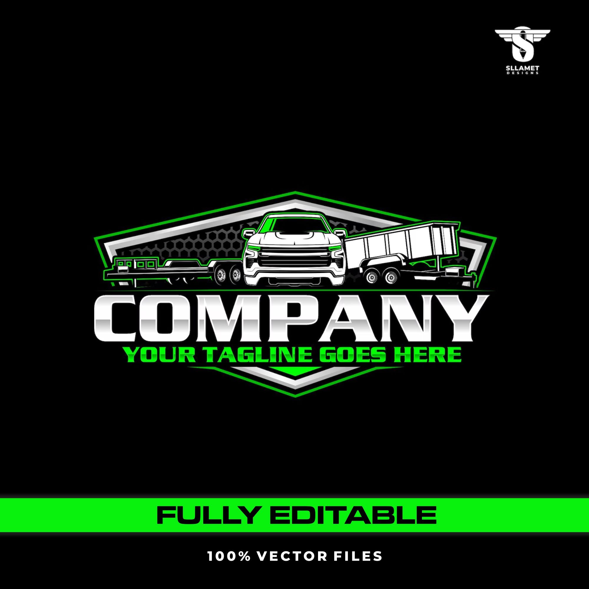 Hauling business logo template with pickup truck dump trailer and flatbed design in SVG AI EPS editable vector format