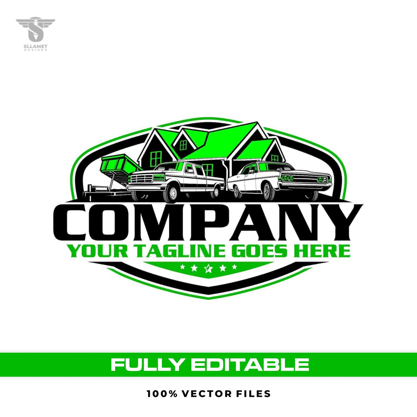 Home improvement logo template with classic pickup truck dump trailer and house in SVG AI EPS PNG editable vector format