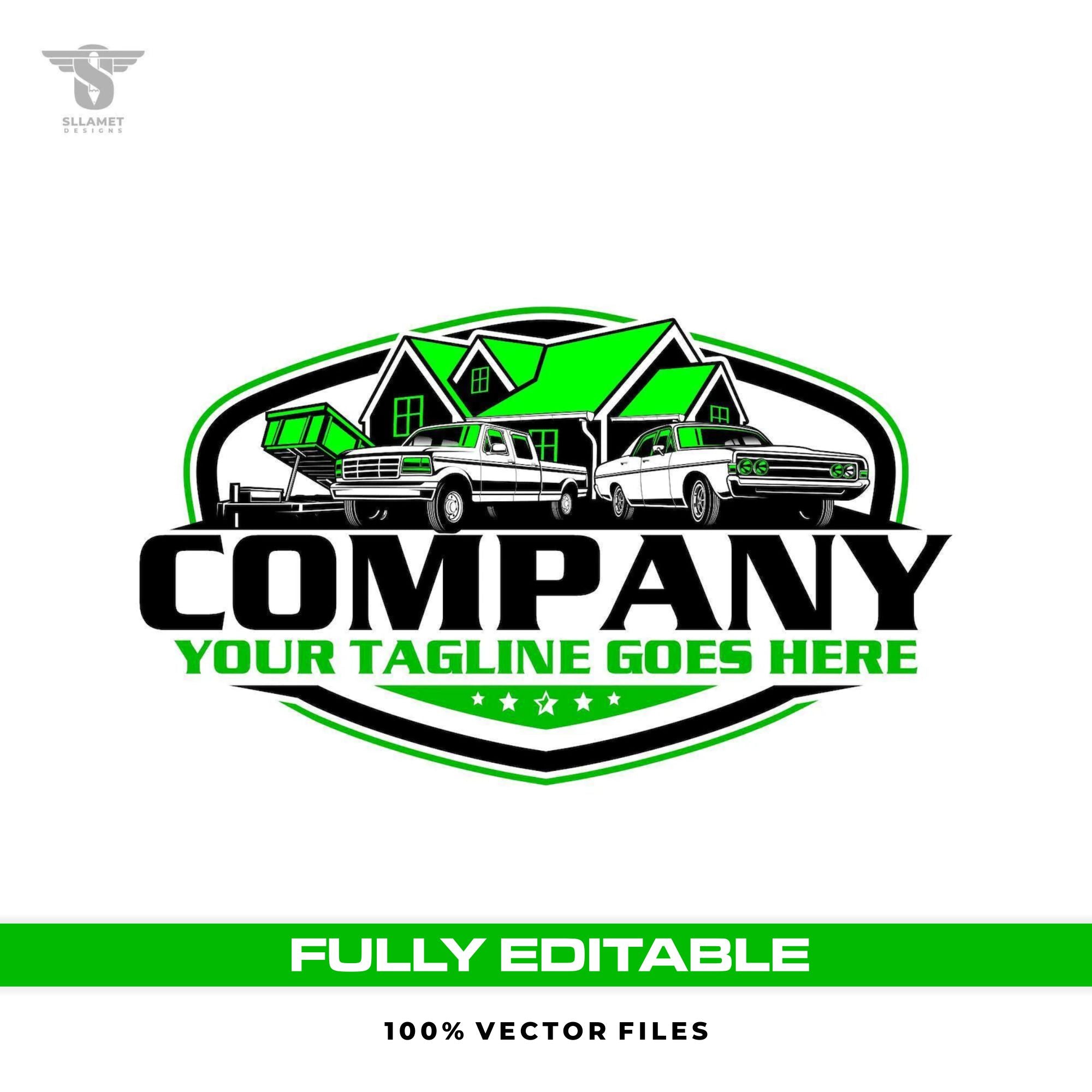 Home improvement logo template with classic pickup truck dump trailer and house in SVG AI EPS PNG editable vector format