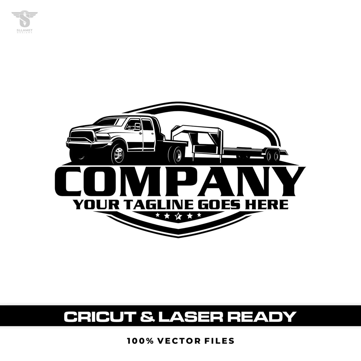 Hotshot towing editable vector design featuring a pickup truck with flatbed trailer in bold black-and-white line art, suitable for towing business branding, decals, signs, apparel, and digital marketing.
