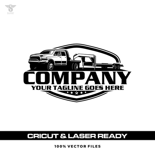 Hotshot towing editable vector design featuring a pickup truck with flatbed trailer in bold black-and-white line art, suitable for towing business branding, decals, signs, apparel, and digital marketing.