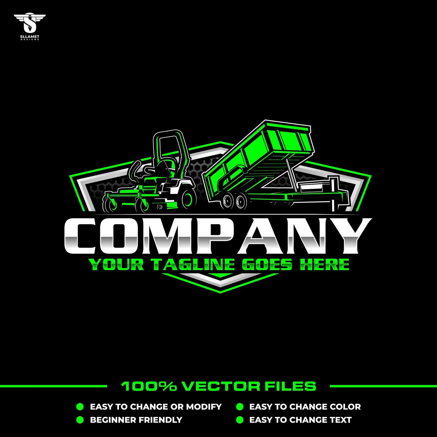 Professional lawn mower and dump trailer logo template for landscaping and hauling services. Includes SVG, AI, EPS, PNG files. Fully editable.