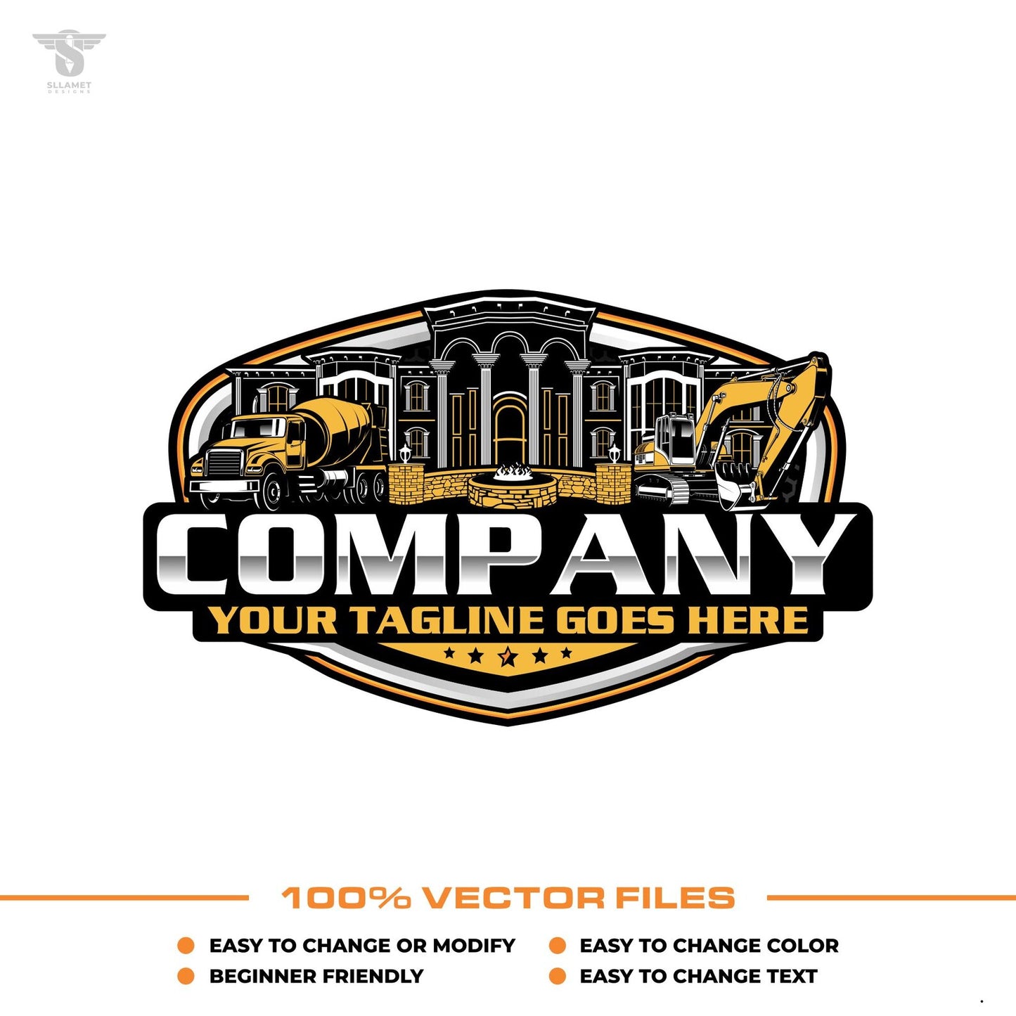 Luxury hardscaping logo template with fire pit and house construction design in SVG AI EPS PNG editable vector format