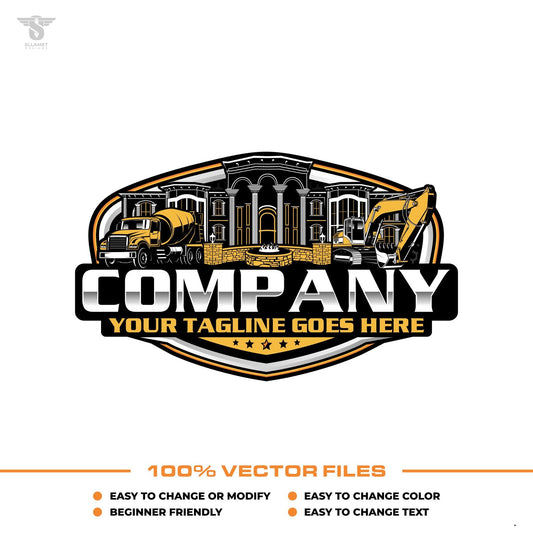 Luxury hardscaping logo template with fire pit and house construction design in SVG AI EPS PNG editable vector format