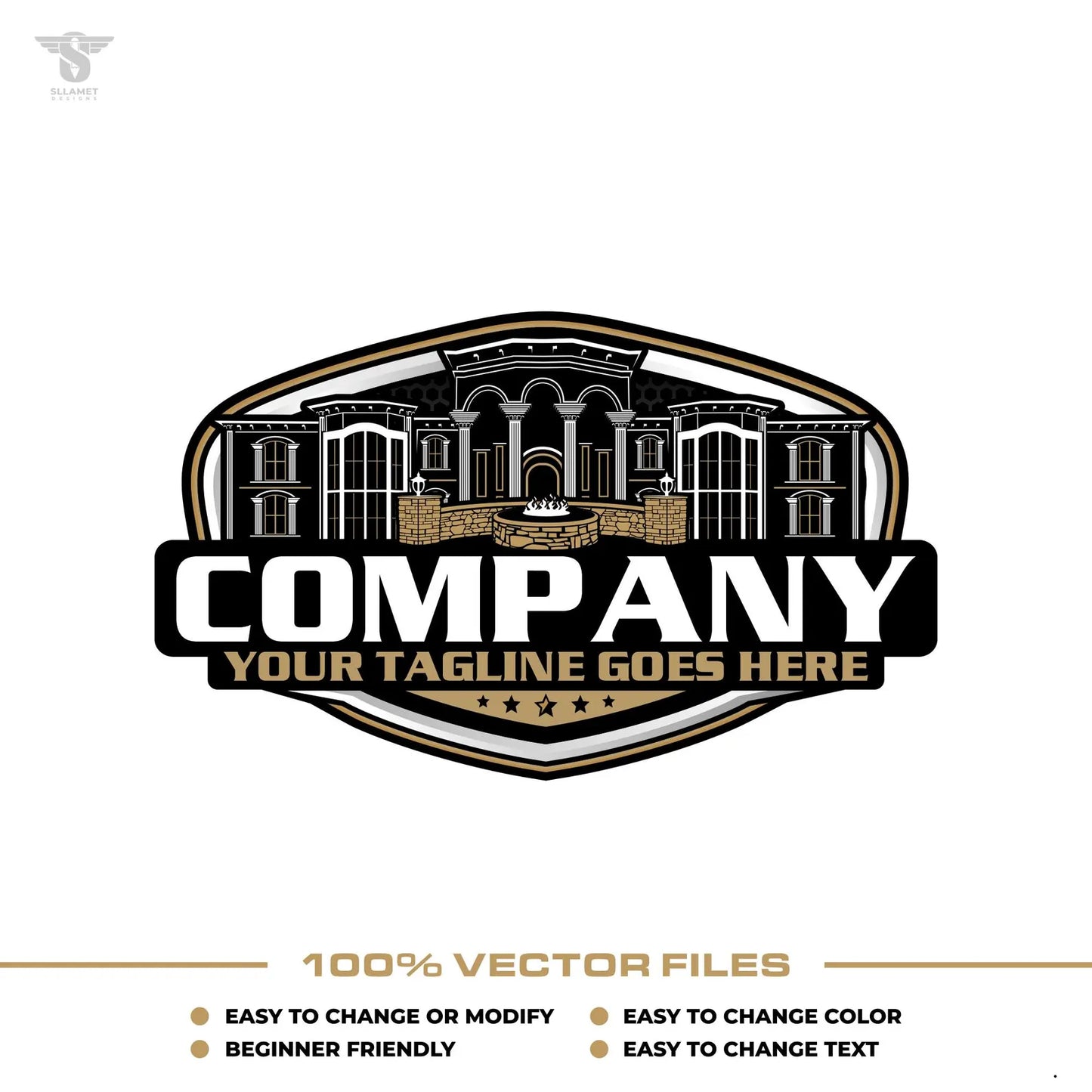 Luxury hardscaping logo template with fire pit and house construction design in SVG AI EPS PNG editable vector format