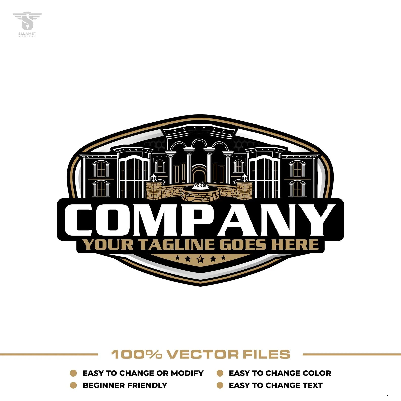 Luxury hardscaping logo template with fire pit and house construction design in SVG AI EPS PNG editable vector format