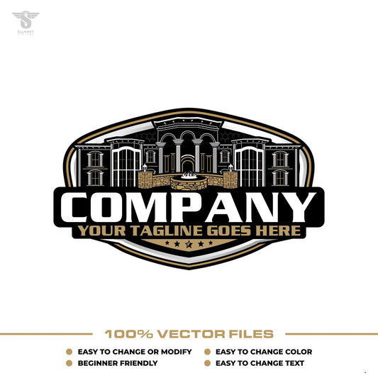 Luxury hardscaping logo template with fire pit and house construction design in SVG AI EPS PNG editable vector format