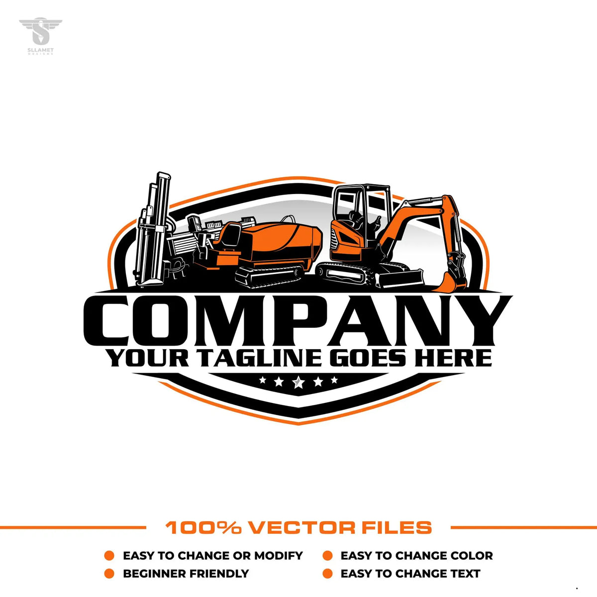 Mini excavator drilling rig logo template for construction in SVG AI EPS PNG editable vector format