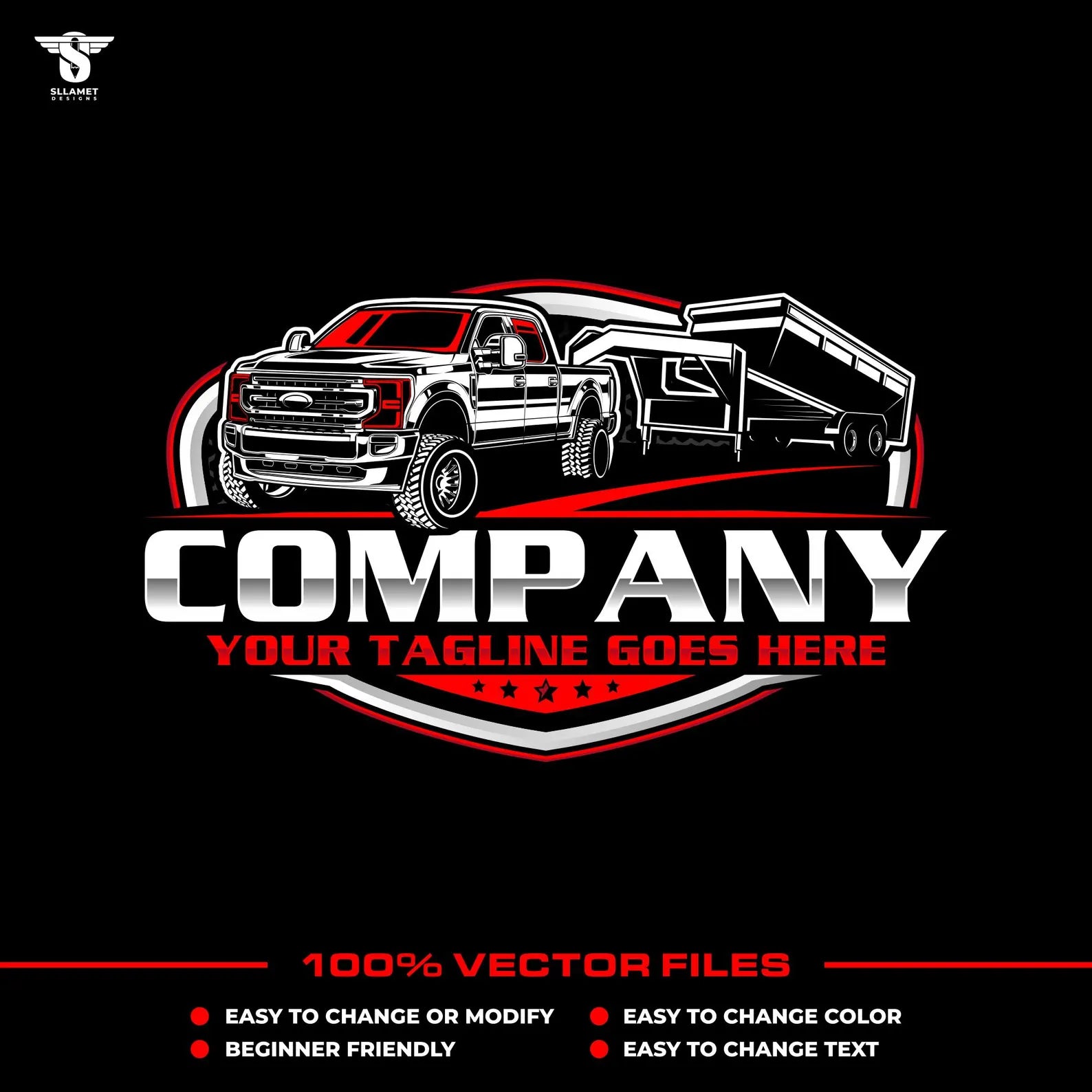 Pickup truck gooseneck dump trailer logo template for hauling junk removal in SVG AI EPS PNG editable vector format