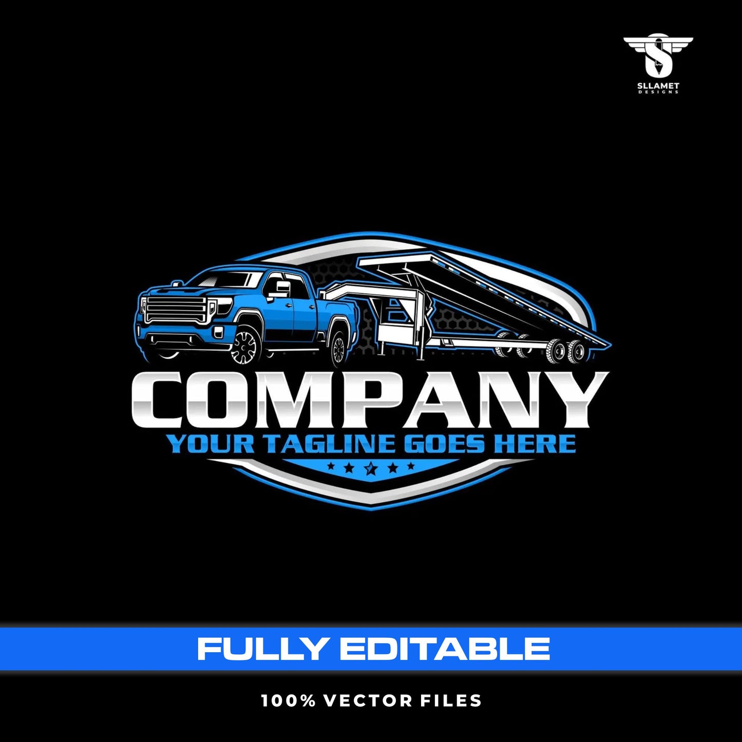 Pickup and tilt trailer logo template for equipment transport in SVG AI EPS PNG editable vector format