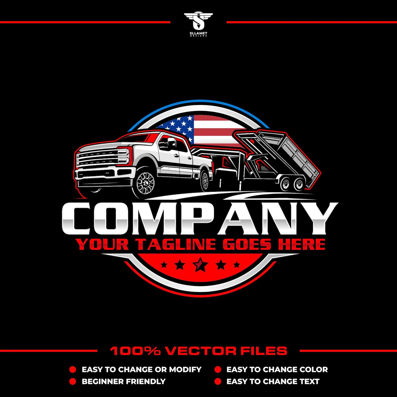 American pickup truck and dump roll off trailer logo template in SVG AI EPS editable vector format