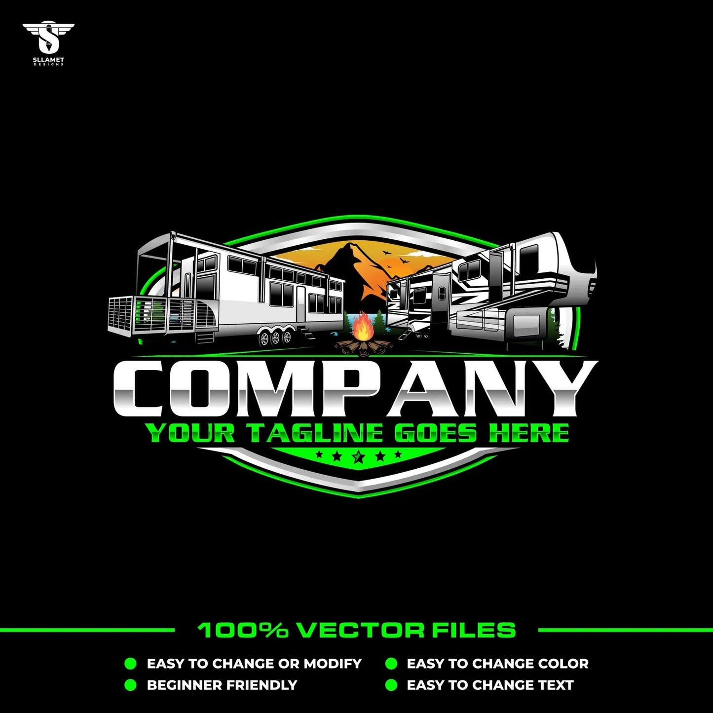 RV park logo template with fifth wheel and park model camper design in SVG AI EPS PNG editable vector format