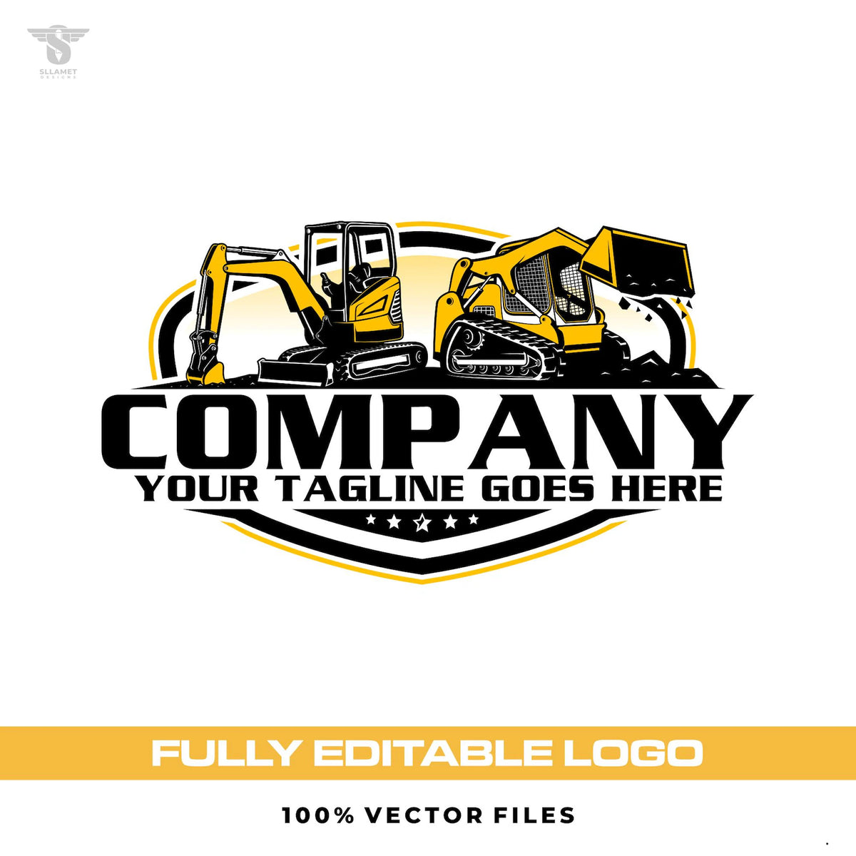 Skid steer mini excavator logo template for construction excavation contractor in SVG AI EPS PNG editable vector format